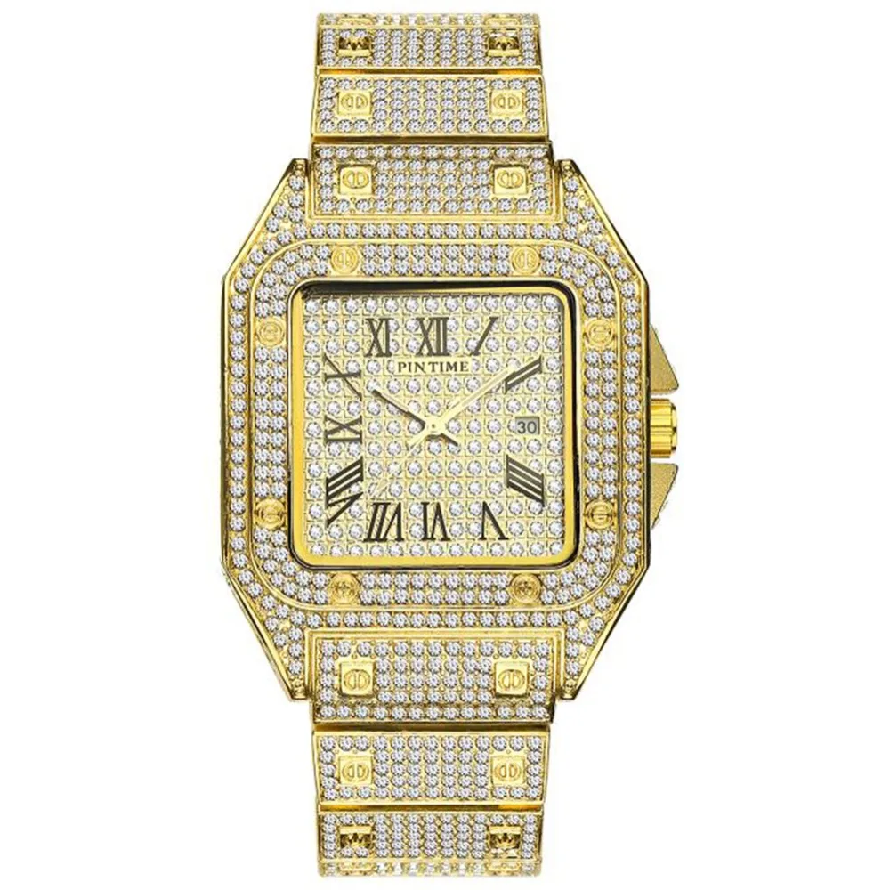 Хип-хоп Iced Out мужские часы с квадратным бриллиантом кварцевые роскошные мужские s наручные часы золотые римские часы с календарем стальные часы Relogio Masculino