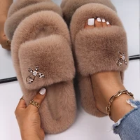 ladies cozy faux fur slippers gold metal rhinestone butterfly decor flats slides platform fur sandals for women winter shoes