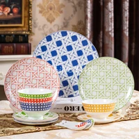 net red ceramic bowl plate spoon five piece set table top 10 inch flat plate disc model room villa area
