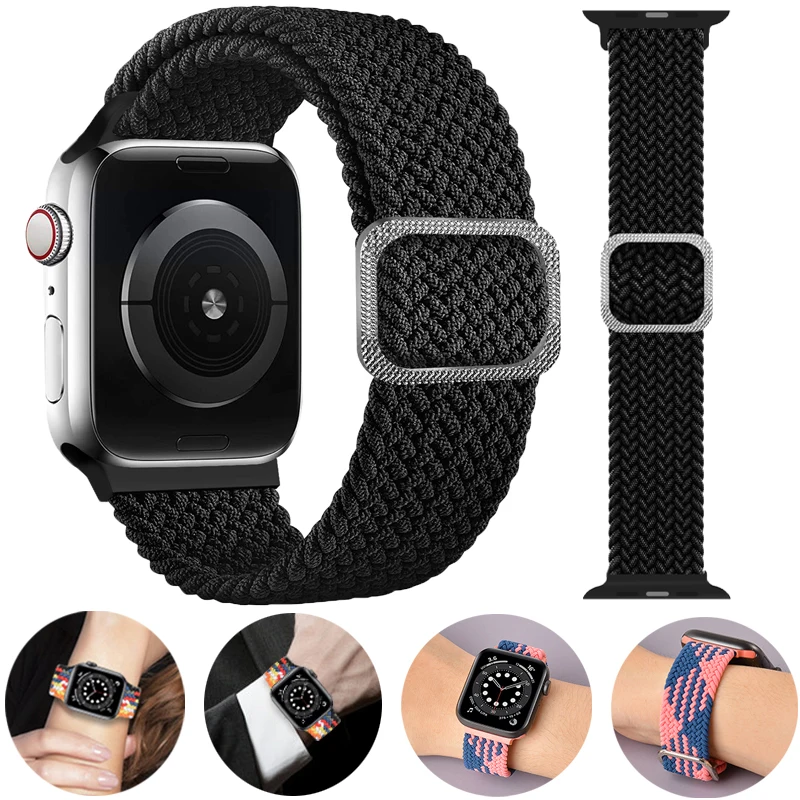 

Braided Solo Loop band For Apple Watch 44mm 40mm 42mm 38mm Fabric Nylon Elastic Belt Bracelet Strap for iWatch SE 6 Adjustable