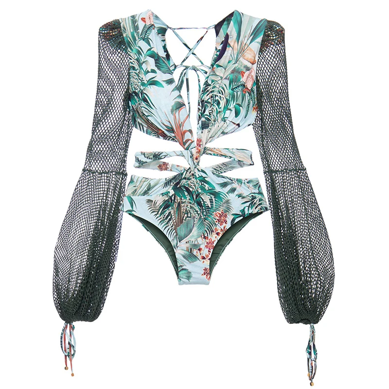 Сексуальный купальник с длинным рукавом бразильский женский слитный принтом