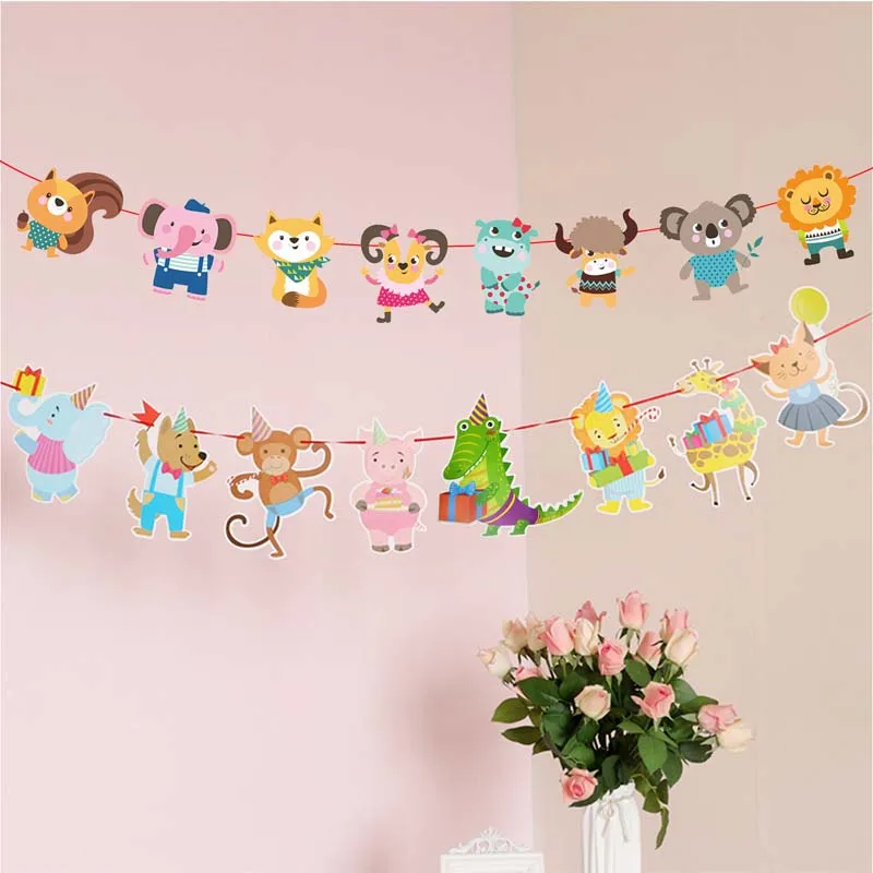 Милый баннер С Днем Рождения Мультяшные животные подвесные гирлянды на тему