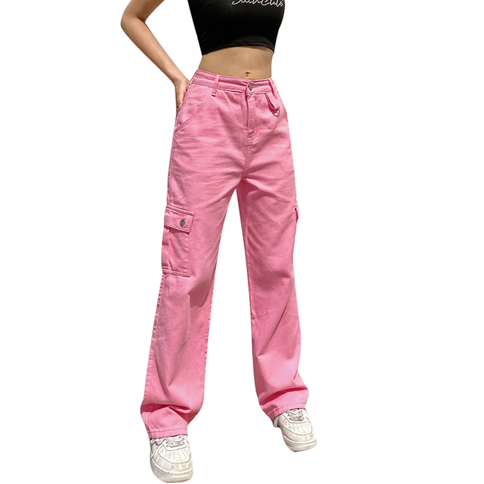 

2021 Fashion Women Wide Leg Jeans High Waist Solid Color Loose Denim Pants with Flap Pockets