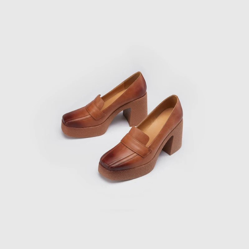 

New Genuine Leather Women Shoes Square Toe Sponge Cake Spring Shallow Pumps Platform Casual Shoes Thick Heel Size 34-40 Handmade