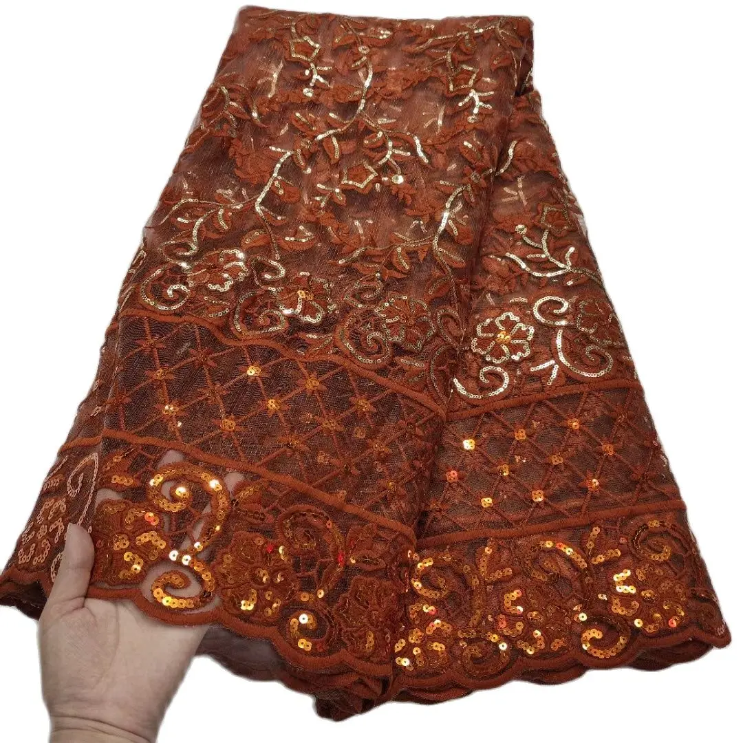 

Burnt Orange Canada African Lace Sewing Asoebi Nigerian Tulle Fabric Cloth With Sequins For Wedding Dress