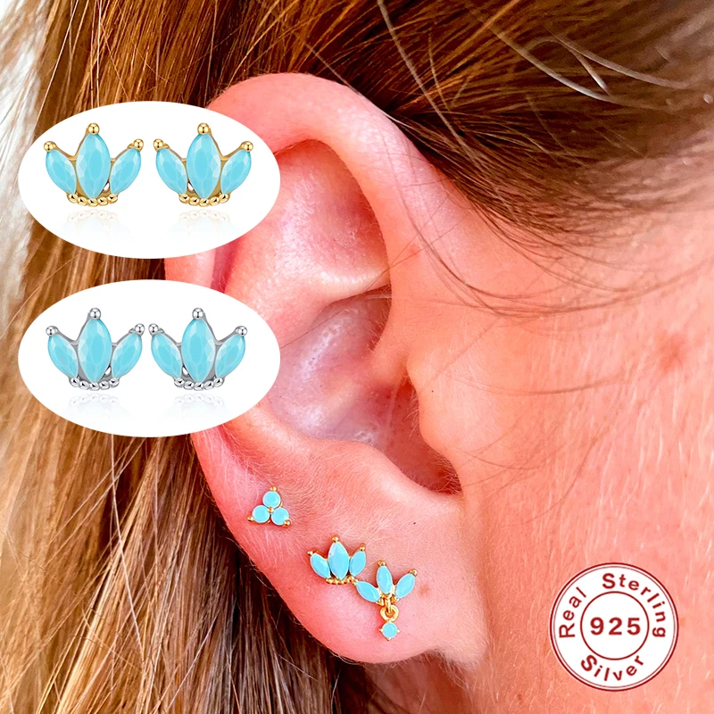 

Romad 925 Sterling Silver Stud Earring Delicate Turquoise Small Crown Micro-Set Boho Earring Fine Jewelry Niche Design Orecchini