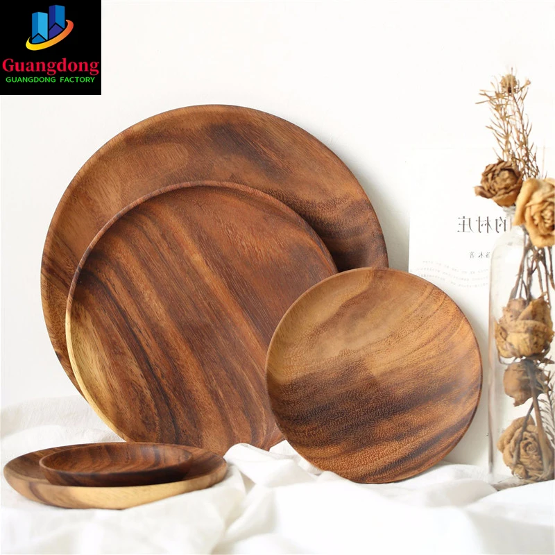 

Round Solid Wood Plate Whole Acacia Wood Fruit Dishes Wooden Saucer Tea Tray Dessert Dinner Breakfast Plate Tableware Set