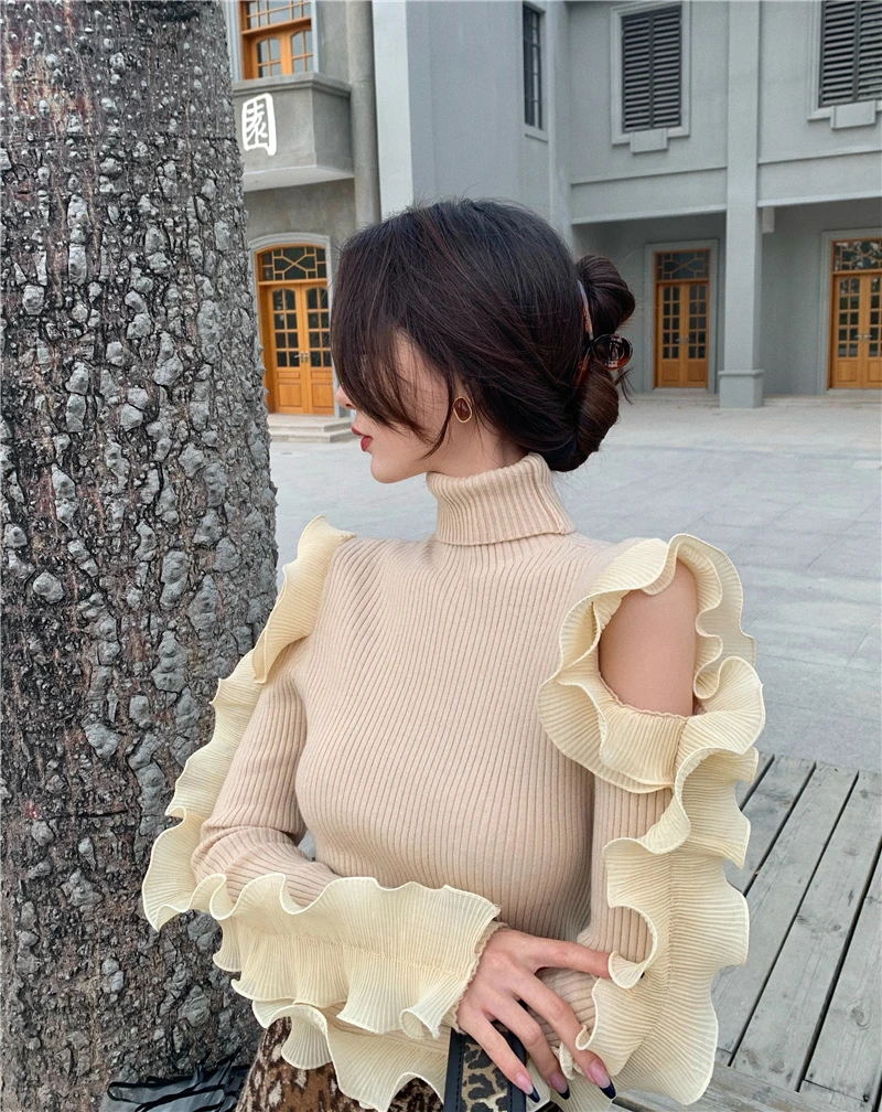 

KUSAHIKI Turtleneck Pullover Women Sweater Korean Ruffle Patchwork Knitted Tops New Long Sleeve Sexy Strapless Pull Femme 6E244