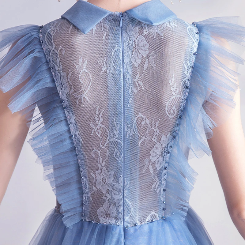 

Luxury Blue Evening Dresses Illusion O-Neck Sleeveless Lace Tulle Floor-Length A-Line Pearls Embroidery Women Formal Gown TS563