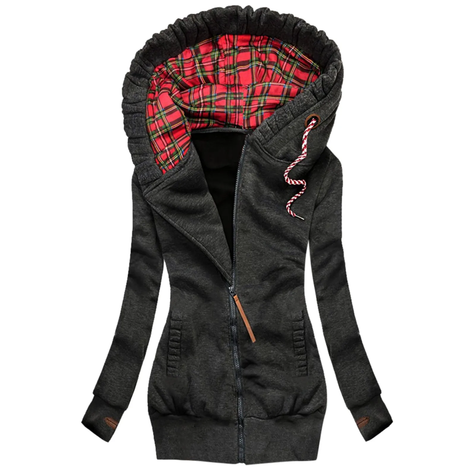 2021 Zip Up Hoodie Women Fashion Plaid Print Jacket Zipper Pocket Sweatshirt Long Sleeve Coat Sudadera Mujer Jacket Outwear Zipp