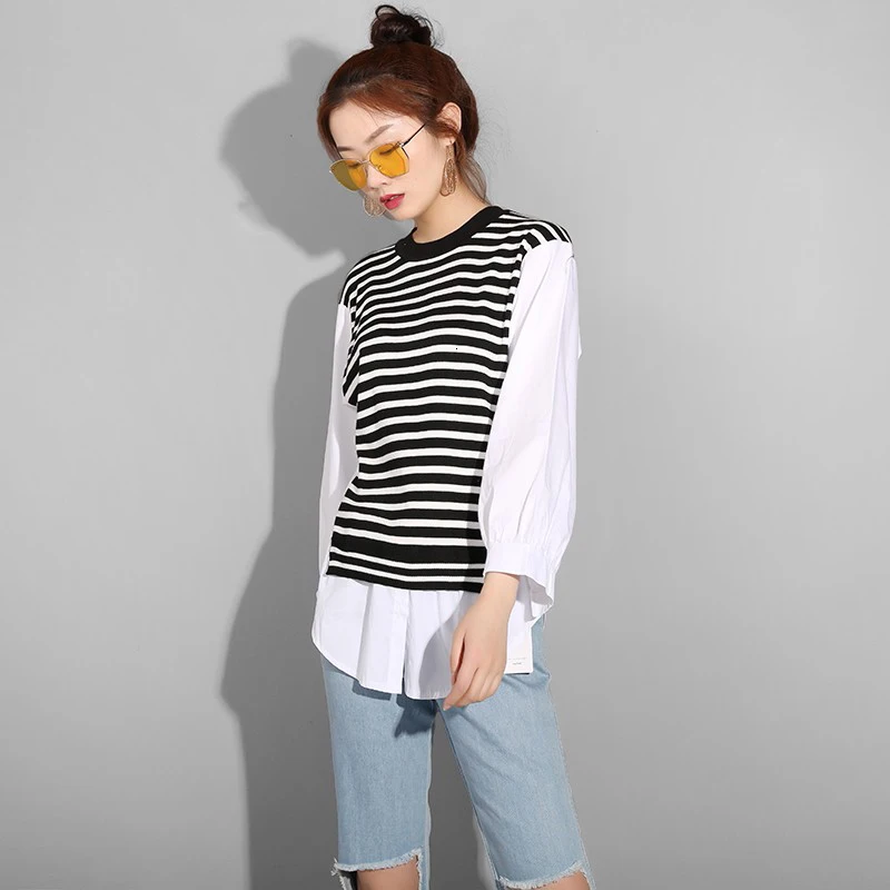 LANMREM с круглым вырезом и длинными рукавами в черно белую полоску Вязание Топы 2020