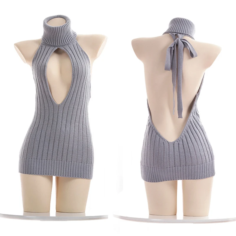 

Korean Sexy Backless Women Sweaters Gray Turtleneck Long Virgin Killer Cosplay Costume Fashion Off Shoulder Knitting Pullovers