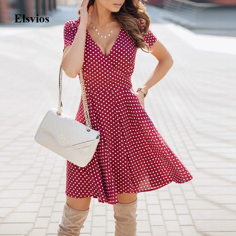 

Fashion Women Casual Dot Print A-Line Mini Dress Summer Elegant Short Sleeve Loose Dress Sexy V-Neck Wrap Party Dresses Vestidos