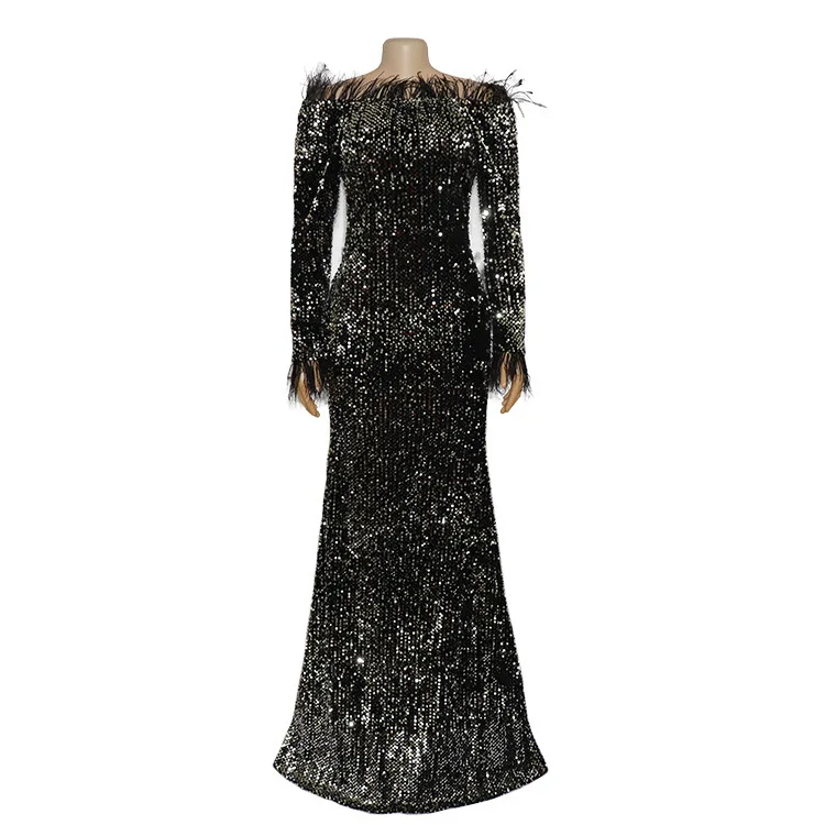 Осенние длинные женские вечерние платья пикантные Sequinis Slash шеи перо элегантное