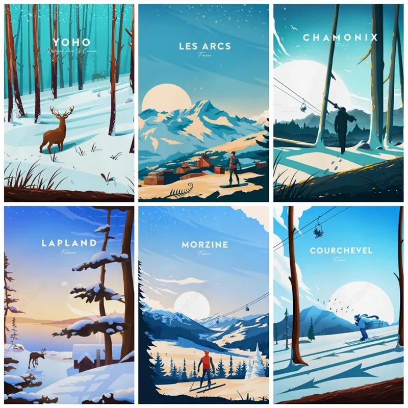 Chamonix Courchevel Лыжная курорт путешествия холст картина город Вид постер