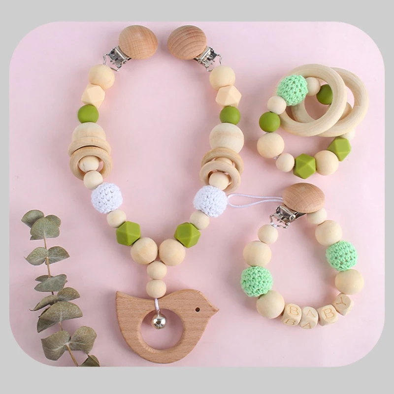 

3Pcs/Set Baby Stroller Hanging Clip Pendant Mobile Rattle Wooden Ring Bracelet Teether Dummy Holder Pacifier Chain