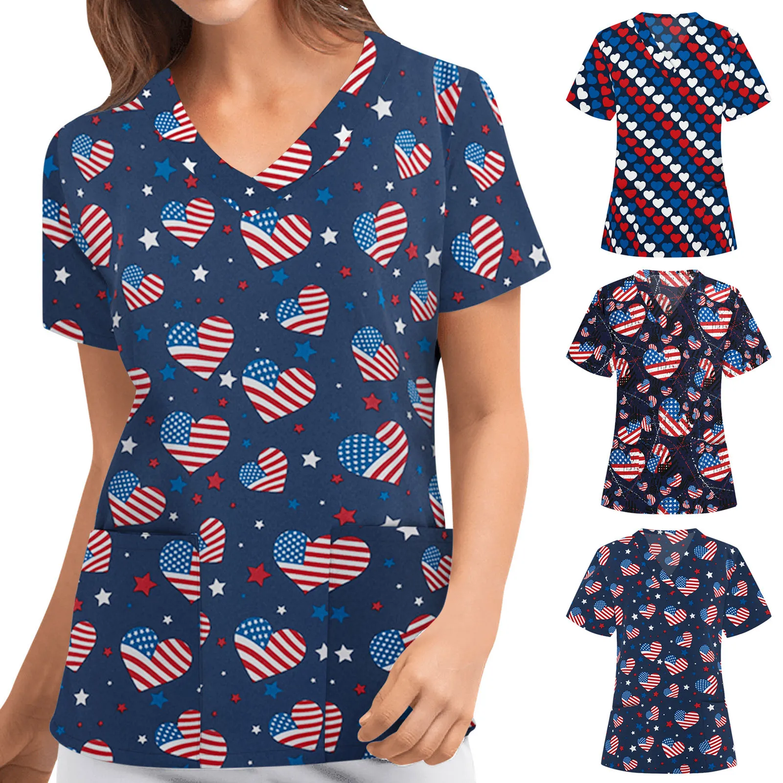 

Women Short Sleeve V-Neck Tops Working Uniform American Flag Blouse Nurese Accessories Lady Medical Uniforms медицинская одежда