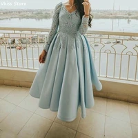 sexy gala dress plus size african long sleeve short evening dresses 2021 light blue laces simple prom dress vestidos formales