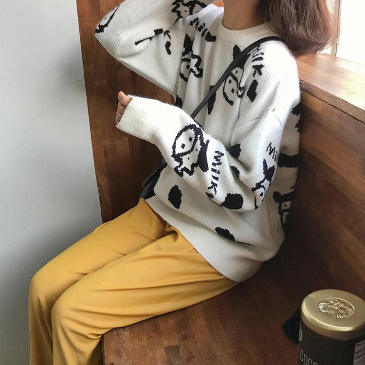 Vintage Casual Loose Cow Sweater Women's Sweaters Japanese Kawaii Ulzzang Female Korean Harajuku Clothing For Women | Женская одежда