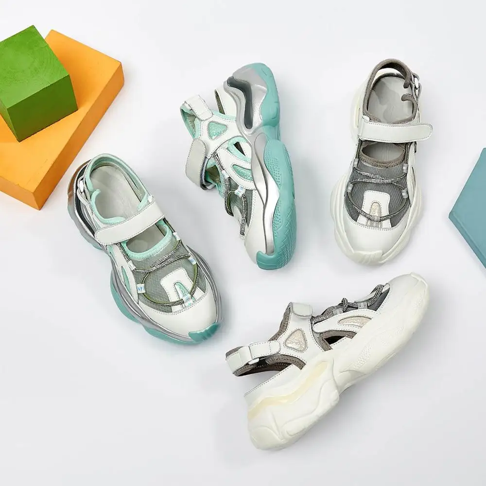 

Vichelo Hot 2020 new arrival large size round toe thick bottom cow leather mesh sunscreen breathable summer vulcanized shoes L20