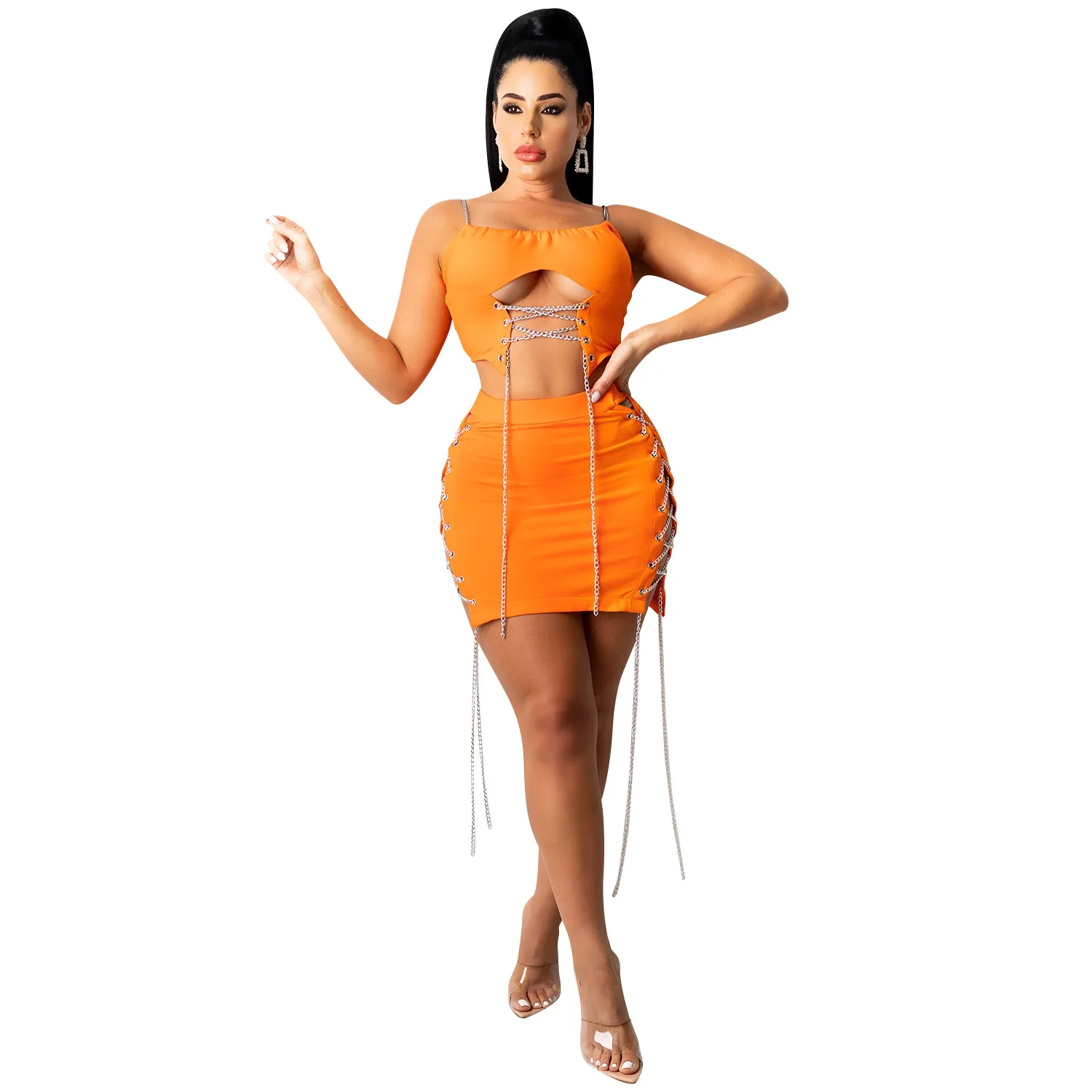 Женское платье с лямкой на шее и цепочкой однотонный бандажный кроп топ без