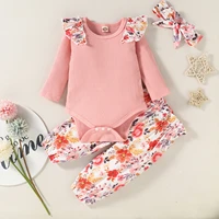 0 12 mounth baby floral print clothes set girls long sleeve o neck ribbed rompertrousersbow knot headband