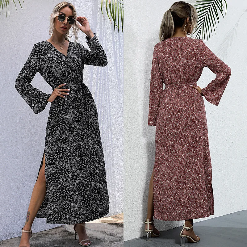 

LINCHEN Women Printed Wine Red Black Dress Long Dresses Flare Sleeve V-Neck Dress Slim Long Sleeve Hedging Commuter Vacation