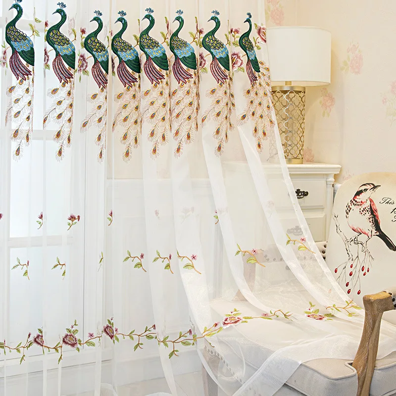

Chinese Style Peacock Embroidered White Tulle Sheer Curtains for Bedroom Living Room Blue Voile Window Screen Customized Yarn