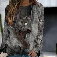 2021 spring diamond cats print blouse shirt women elegant zipper o neck long sleeve top casual loose plus size streetwear blusa