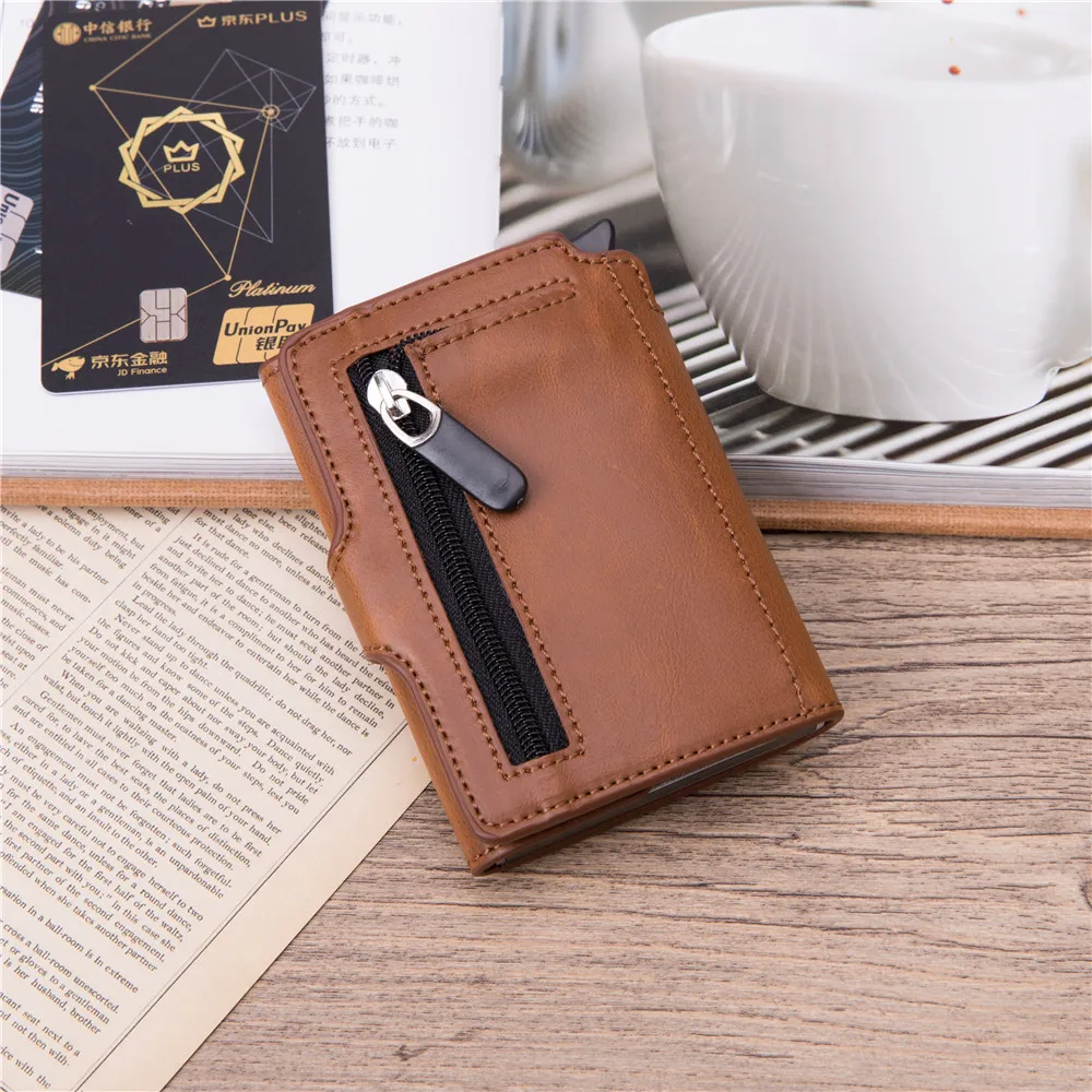 

Bycobecy New Men Vintage Credit Card Holder Top Quality Metal Aluminum Auto Pop-up RFID ID Card Case Carteira Button Coin Purse