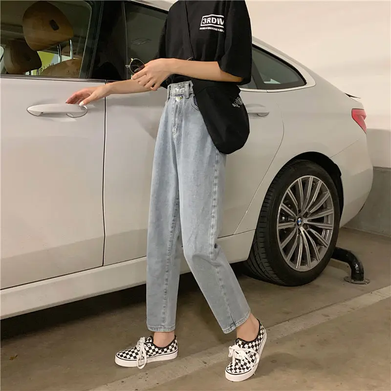 

New baggy straight jeans women high waist thin 100 lap students nine legged trousers vintage pants