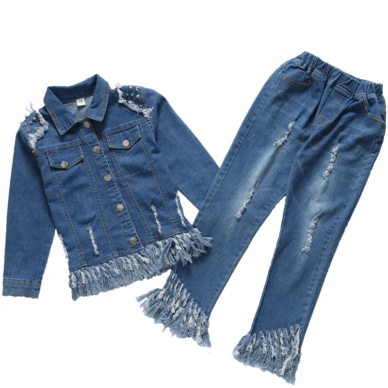 Комплект из 2 предметов модные рубашки и джинсы для девочек Джинсовая Верхняя