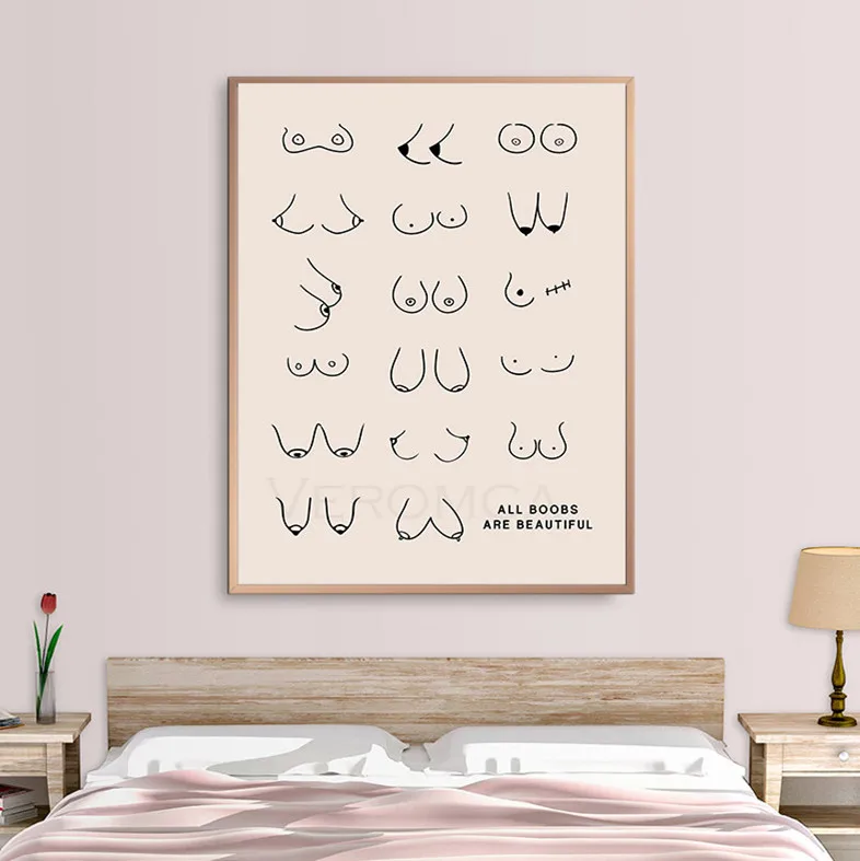 

Funny Bathroom Sign Canvas Prints and Posters Line Art Cute Sexy Chest Boobs Painting Feminist Home Decor Toilet Wc Decoration