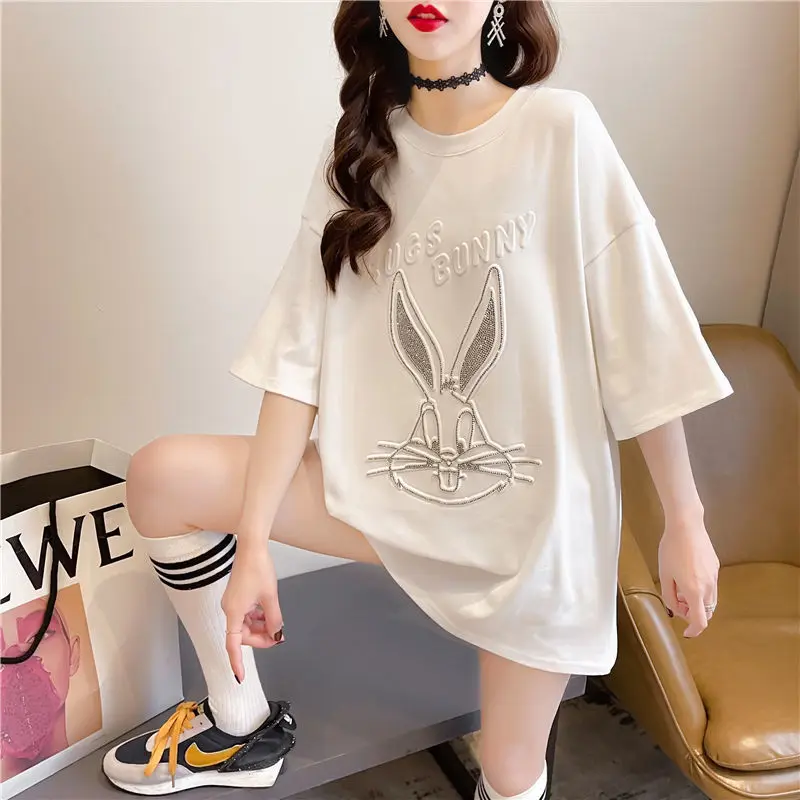 

Western Style Rabbit Hot Rhinestone Short-Sleeved T-Shirt Female New Korean Version Of Loose White Half-Sleeved Upper Clothes