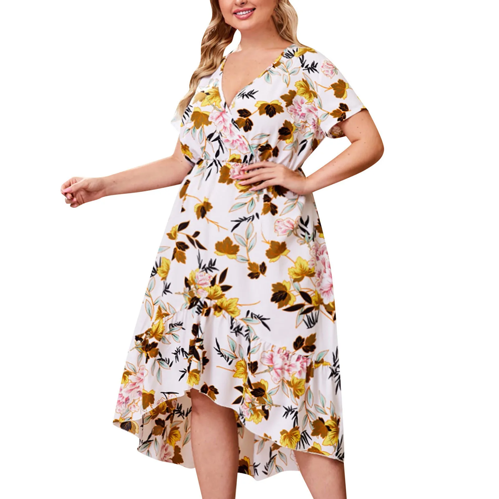 

dresses for Women Fashion Large Size Printed V-Neck Dress With Waist Irregular Skirt Dress vestido de mujer