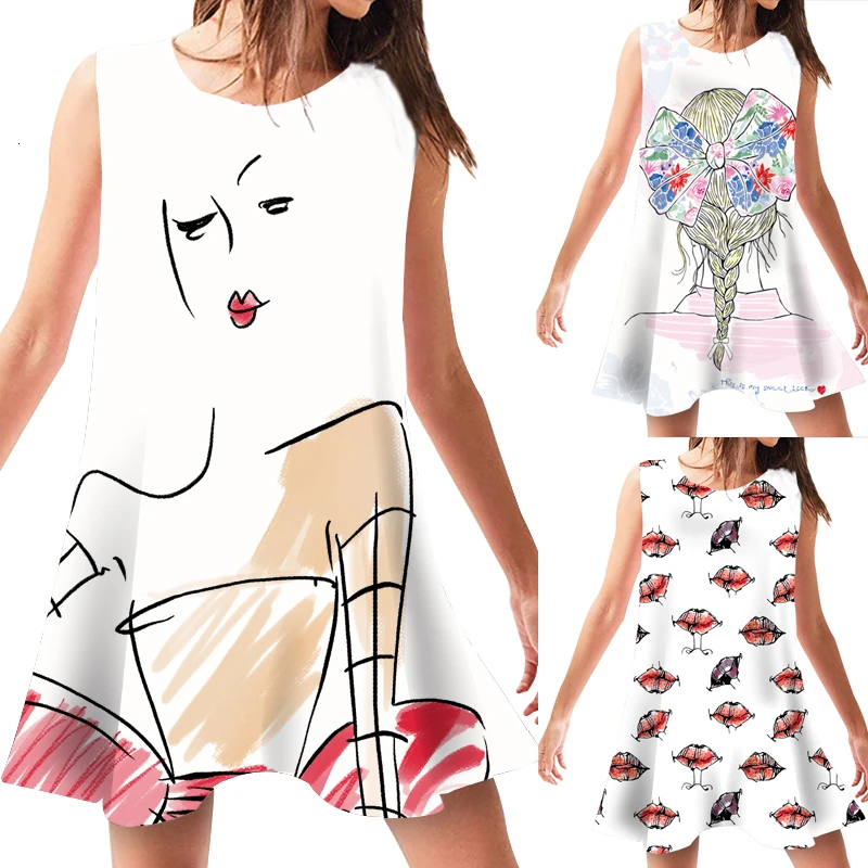 Летние платья сексуальные повседневные свободные с мультяшным принтом сарафан