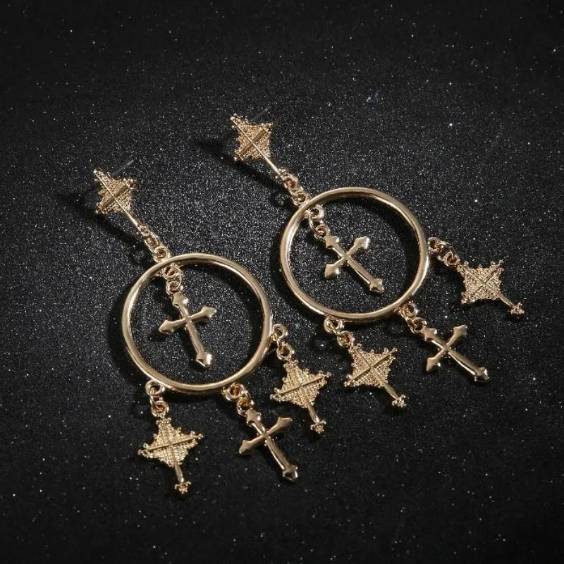 

Retro Exaggerated Ear Jewelry Alloy Carved Cross Tassel Earrings