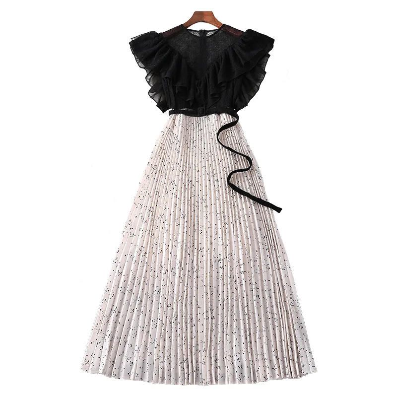 

2021 summer Chiffon Dress Medium Length Lace Ruffle stitching fake two pieces pleated skirt women's 86516