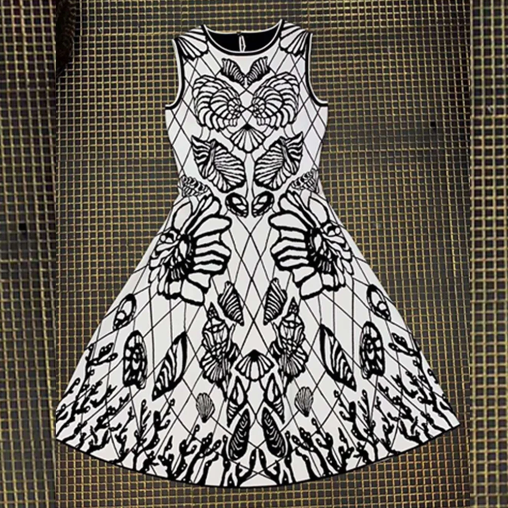 

New Summer Bandage Dress Jacquard Fashion Patchwork White 2020 Sleeveless Mid-Calf Vestidos Celebrity Party Wholesale