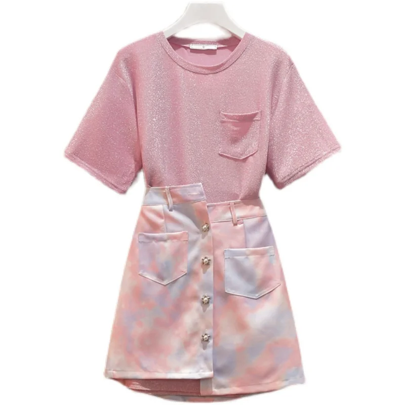 

Fashion Shiny Long Tee Gradient Skirts Suits Female Summer New Plus Size L-4XL Sweet Tshirt Dress And Irregular Skirt Set
