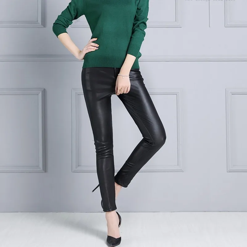 

Top Quality Women Genuine Pencil Pants High Waist Elastic Slim Fit Skinny Office Lady Real Leather Trousers Plus Size