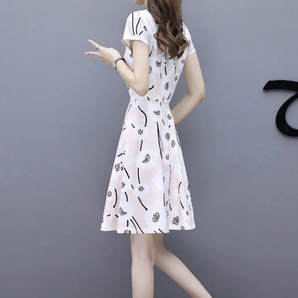 Женское модное летнее платье до колена с круглым вырезом и коротким рукавом