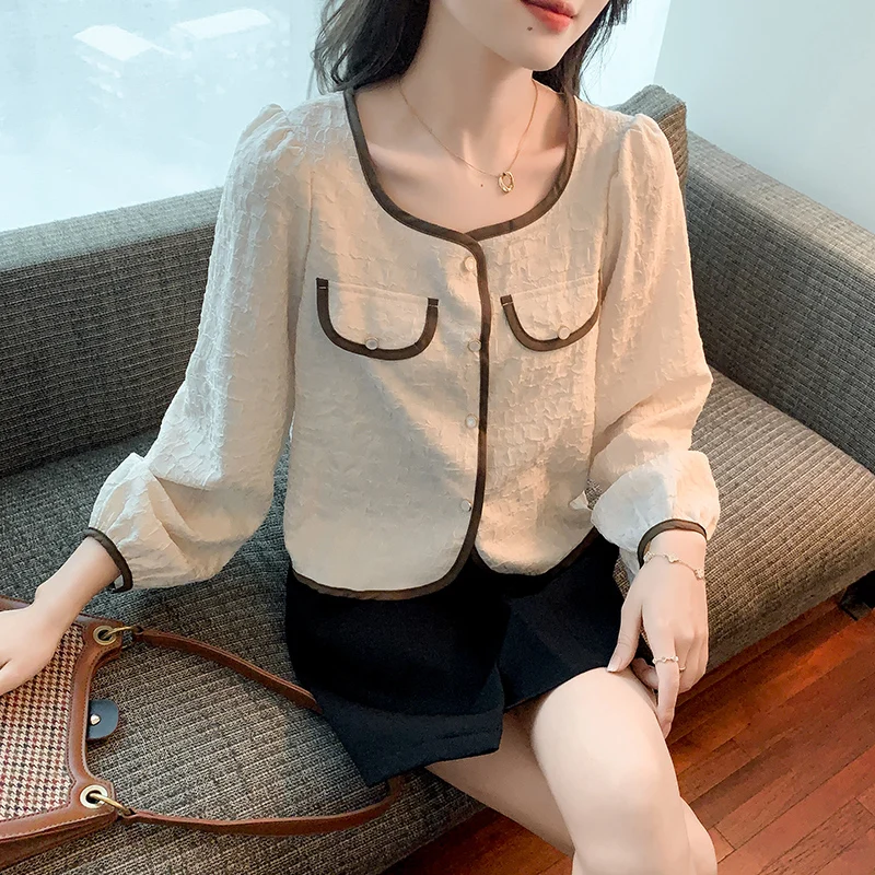 

Spring Autumn Women Tops Long Sleeve O-neck Button Shirt Korean Style Vintage Slim Casual Short Shirts Apricot Blouse 0606