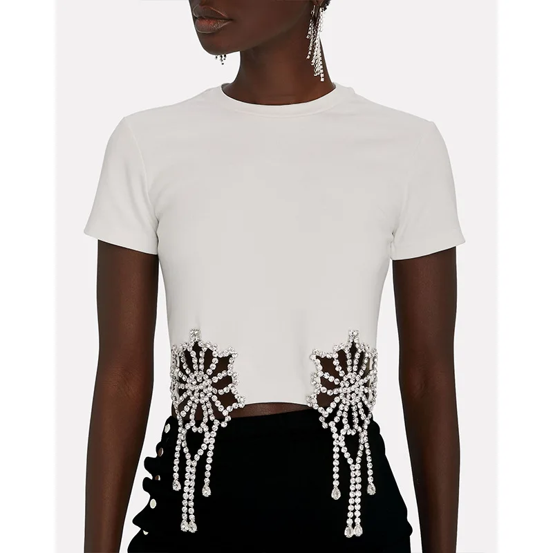

High Quality Summer Women New Diamond Short Sleeve T-shirt Commuter Solid Color Round Neck Short Sleeve Slim Fit Crop Tops