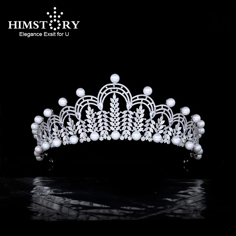 

Himstory New Princess Queen Full Zircon Tiaras Crowns for Brides Pearls Hairbands Crystal Wedding Dress Accessories
