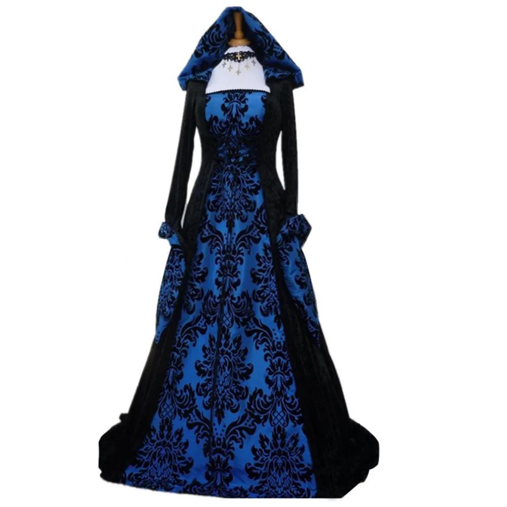 

Women's Halloween Dress Autumn Winter Hooded Big Swing Dress Floral Printed Court Gown Maxi Dress With Hat Masquerade Dresses