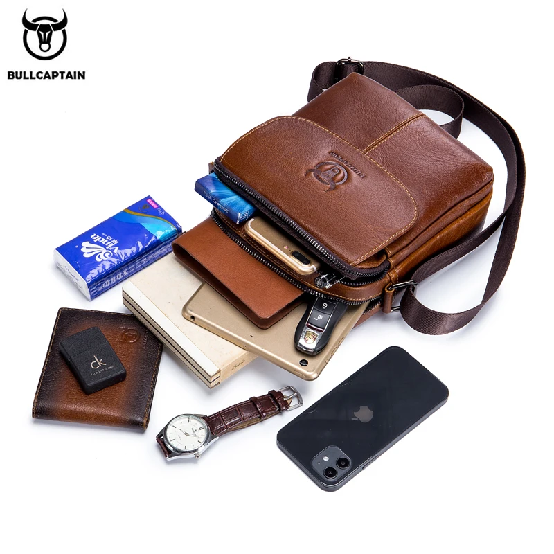 BULLCAPTAIN Men's Shoulder Messenger Bag Leather Casual Classic Multifunctional Short Cover Medium And Small Bag