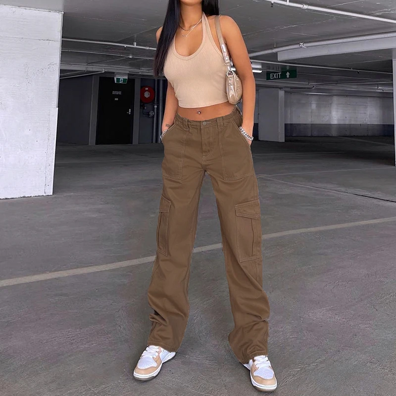

Women Jeans Brown Vintage Baggy Jeans Streetwear Pockets Wide Leg Cargo Pants Y2K Low Waist Straight Denim Trousers