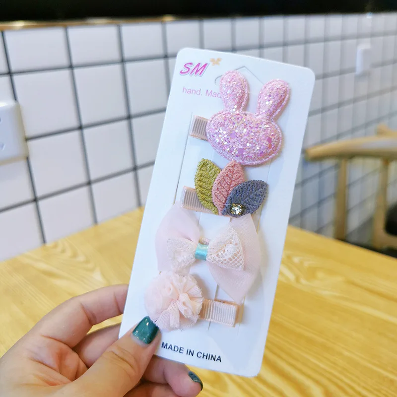 4 Piece Korean Fashion Children's Hairpins Hairpins Sweet Cute Girl Princess Cartoon Flower Bow Duckbill Clip Hair Accessories