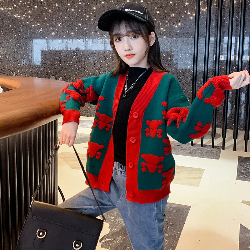 

Spring And Autumn Girls' Top Knitted Sweater Red Yellow Cardigan Sweater Casual Fashion Children Buttoned Cardigan Flower Top